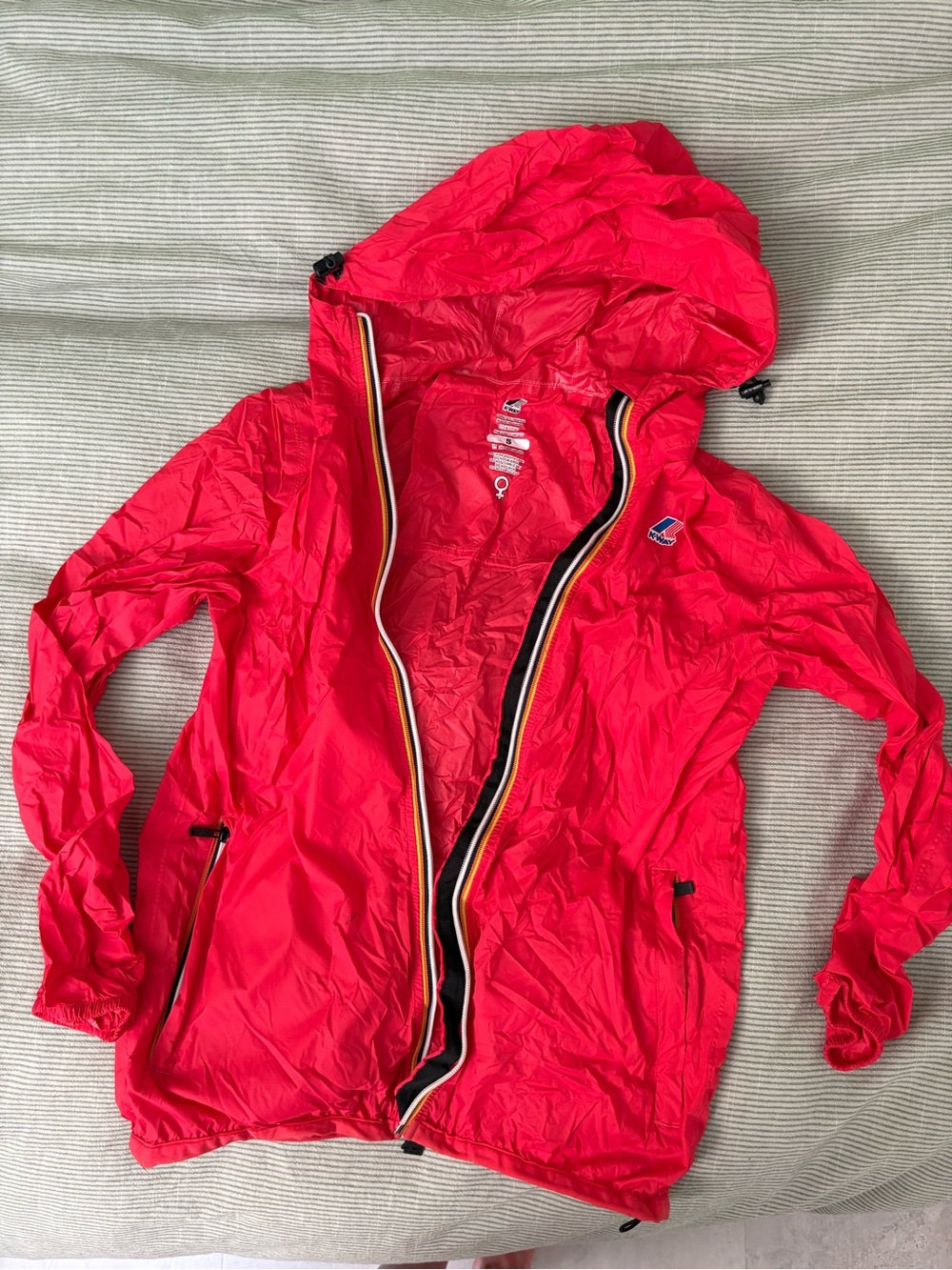 K-Way Hooded Packable Windbreaker — Vibrant Coral with Tricolor Trim